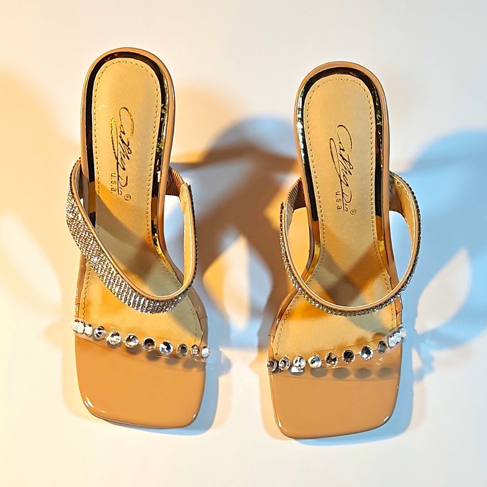 Cathy Din Nude Rhinestone Strappy Square Toe Stiletto Slip On Heel 5.5